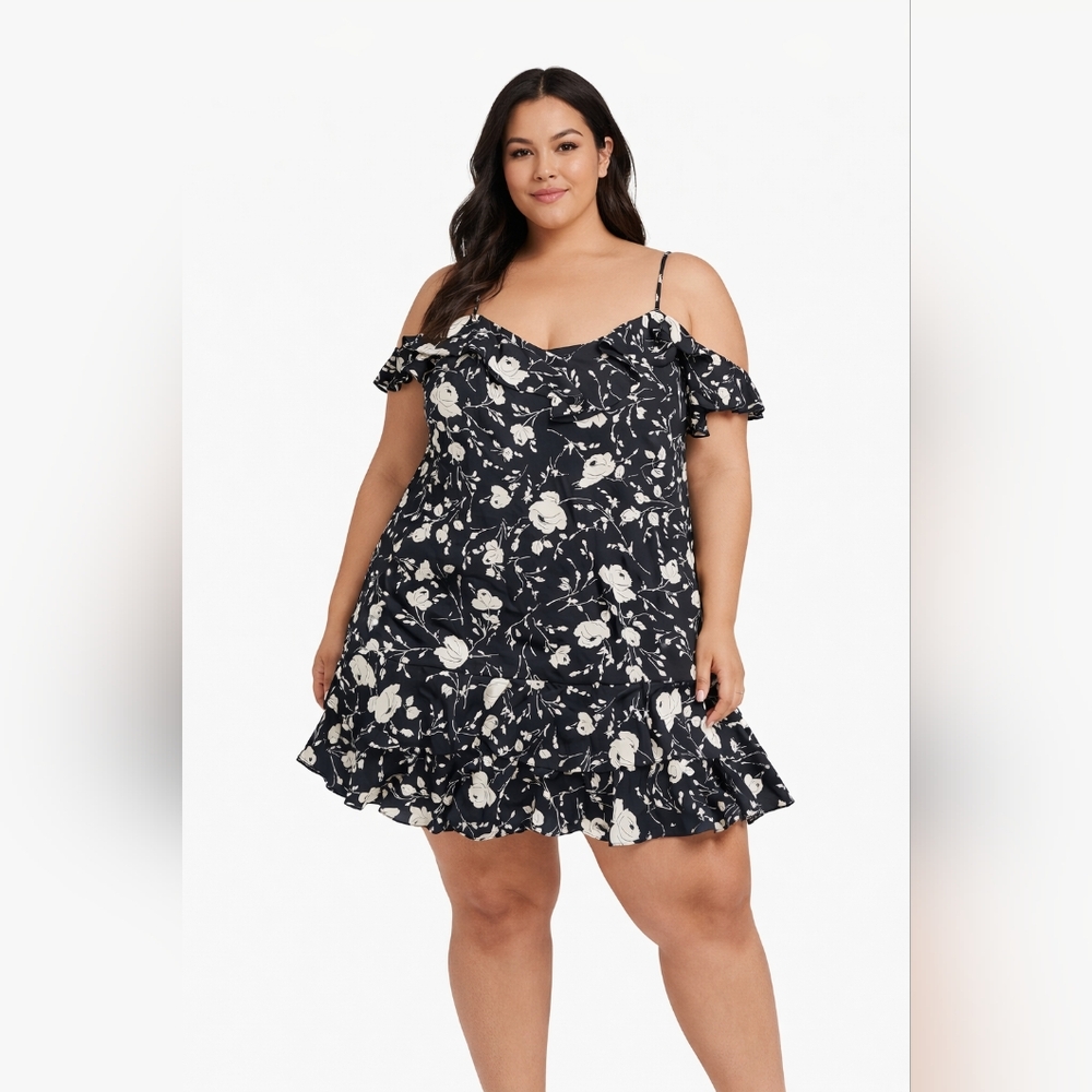 Lauren Ralph Lauren Black Floral  Slip Dress Ruffle Hem Spaghetti Strap Size 16